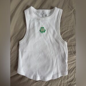 Aerie White Crop Top with Green Clover Embroidery